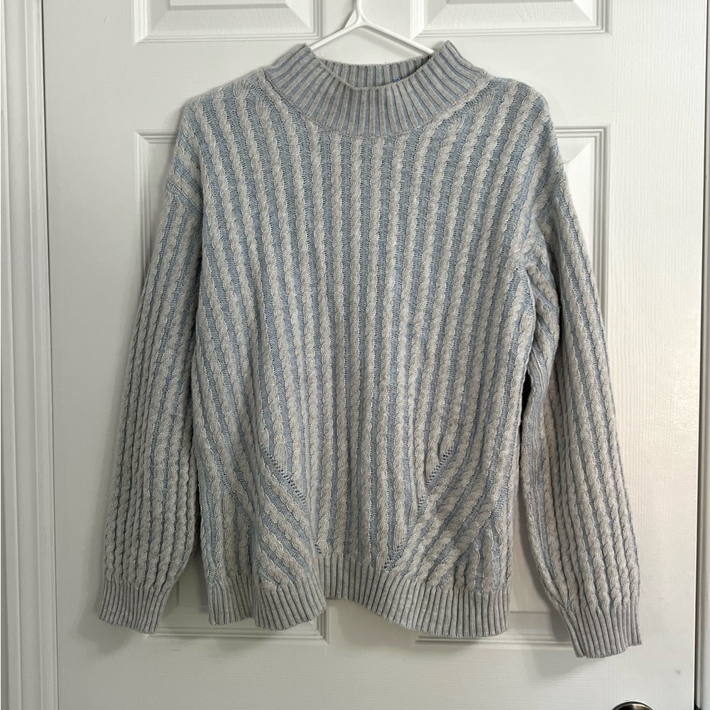 Lineamaglia (L) Italy Mock Neck Chunky Cable Wool Knit Sweater Blue Cream Stripe